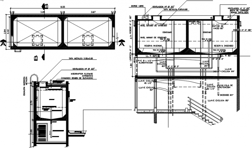 Superior water tank section, plan and plumbing structure details dwg file