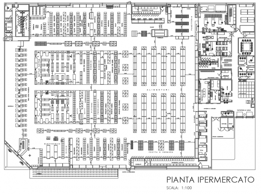 Supermarket layout plan in dwg AutoCAD file.