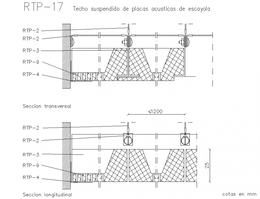 Suspended acoustic ceiling of plaster section autocad file