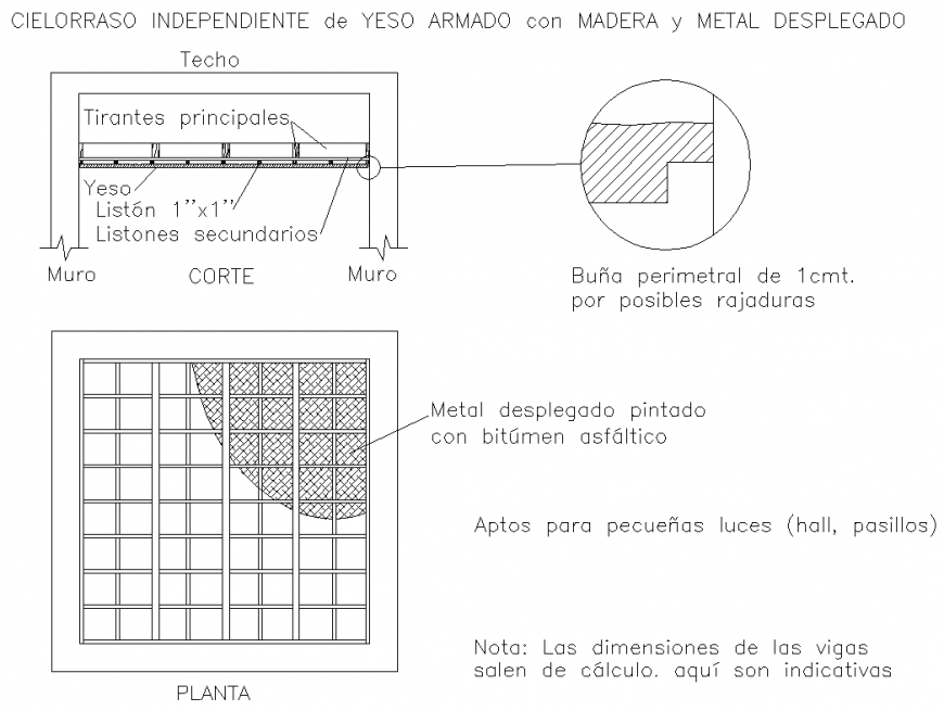 Suspended ceiling in wood and metal plan and section detail dwg file