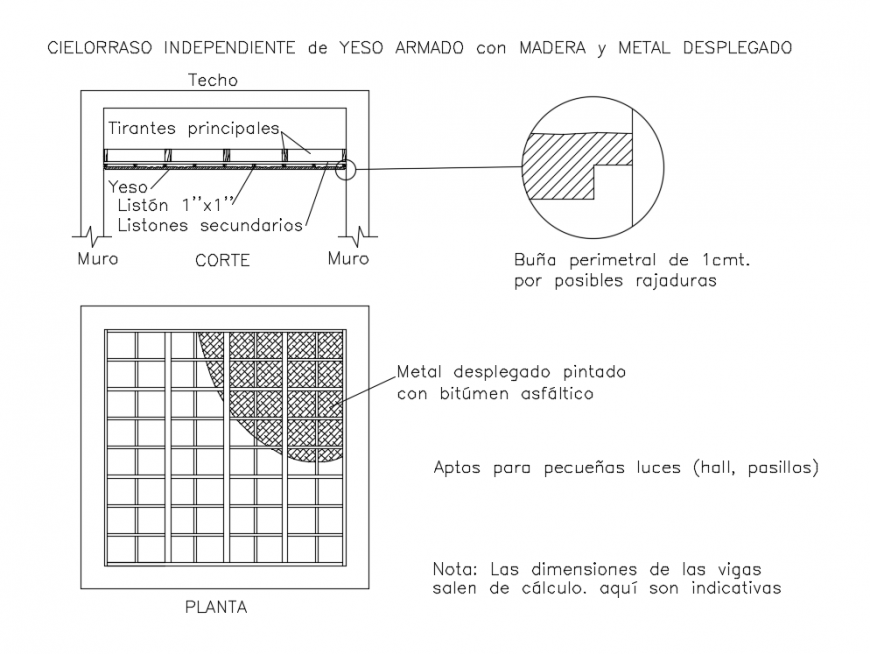 Suspended ceiling in wood and metal structure details dwg file