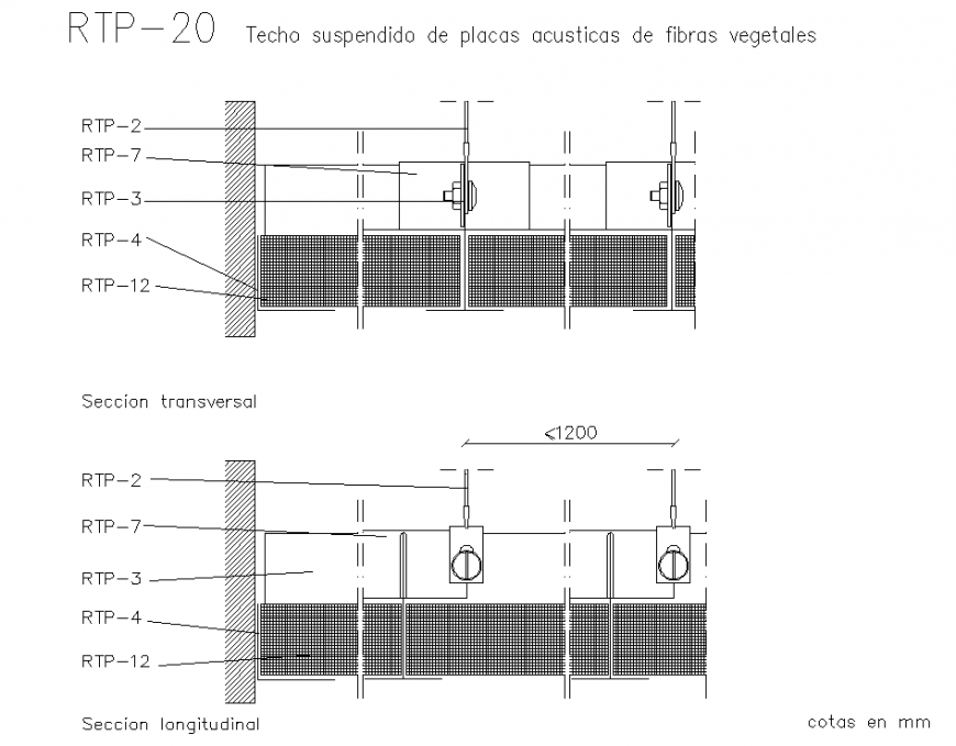 Suspended ceiling of acoustic plates of vegetable fibers section detail dwg file
