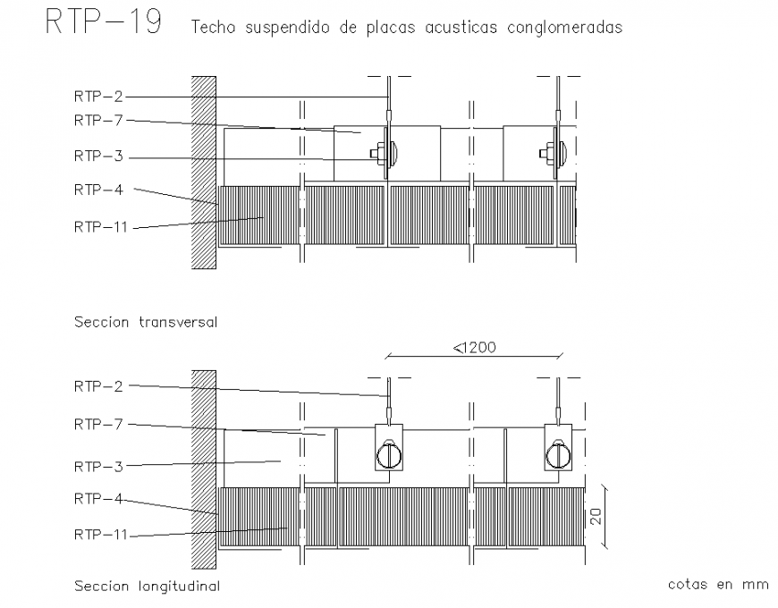 Suspended ceiling of conglomerated acoustic plates section autocad file