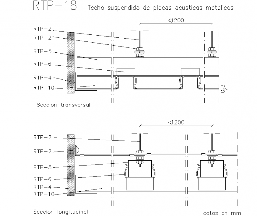 Suspended ceiling of metal acoustic plates detail dwg file