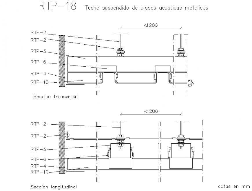 Suspended ceiling of metallocas acoustic plates detail dwg file