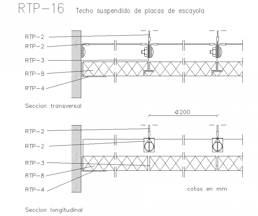 Suspended ceiling of plaster plates section detail dwg file