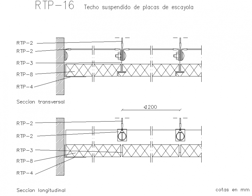 Suspended ceiling of plaster plates section layout file