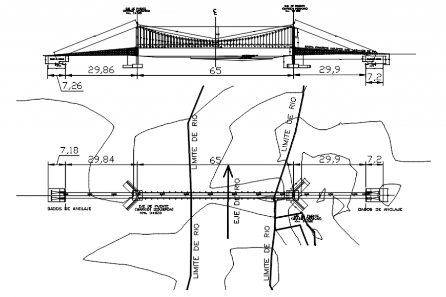 Suspension bridge side and top view section and construction details dwg file