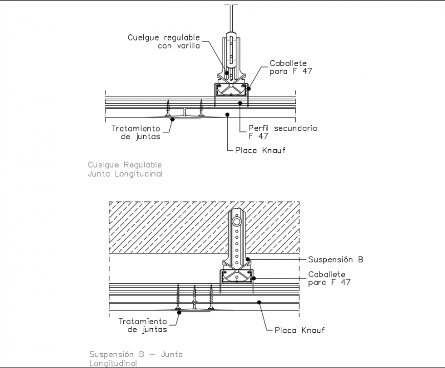 Suspension longitudinal board false ceiling constructive details dwg file