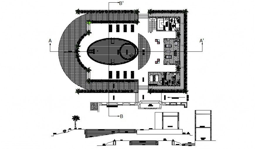 Swimming area plan and sectional details autocad file