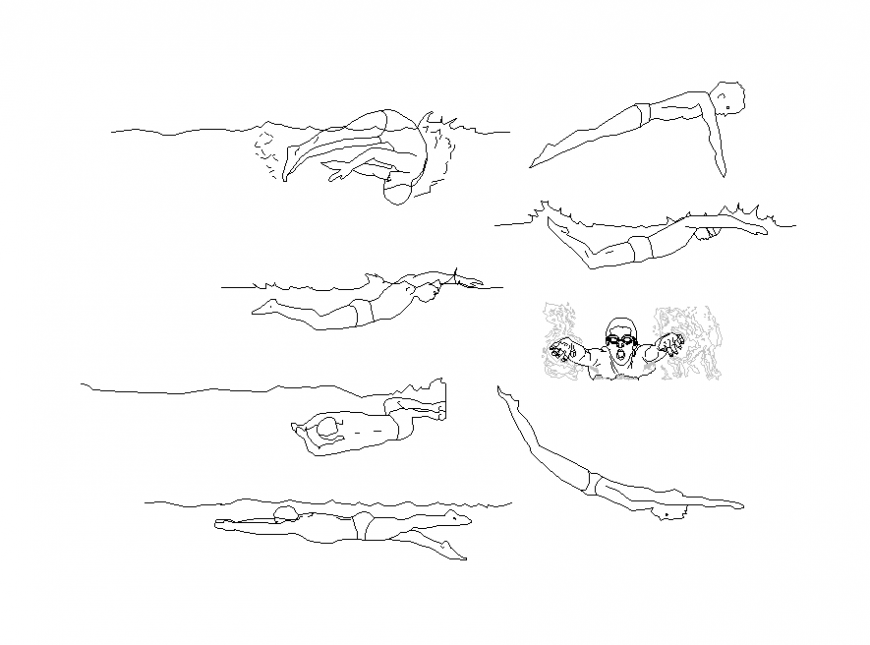 Swimming people detail elevation CAD block 2d view dwg file