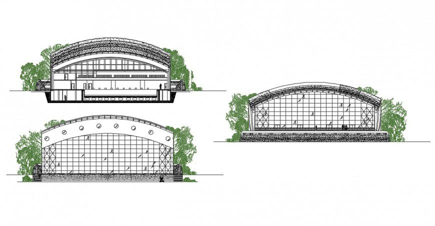 Swimming pool building all sided elevation cad drawing details dwg file