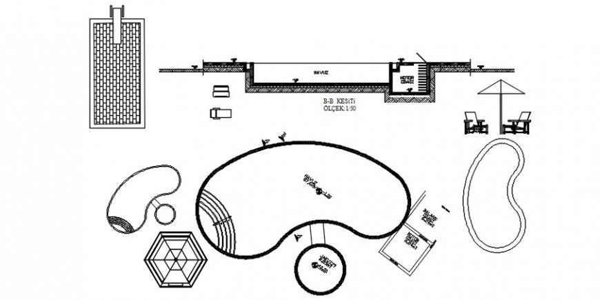 Swimming pool design drawings 2d view plan details in autocad file