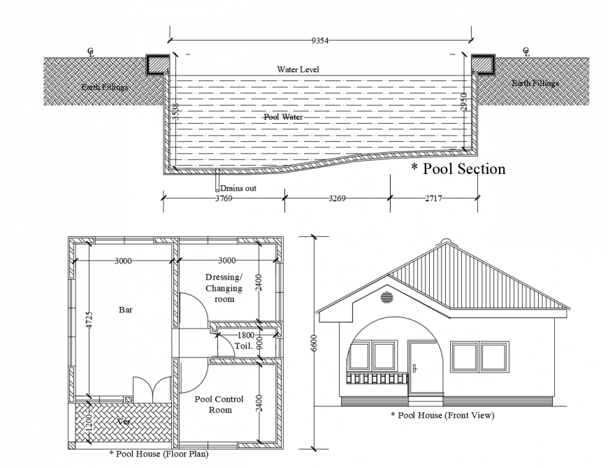 Swimming pool house section, pool section and plan cad drawing details dwg file