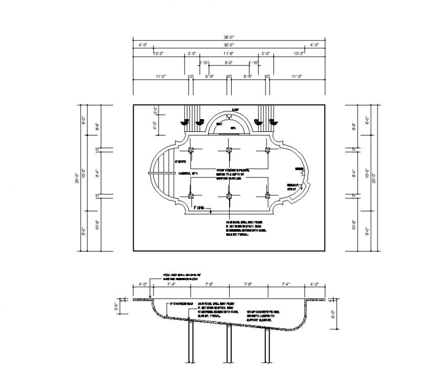 Swimming pool structure detail 2d view layout file in dwg format