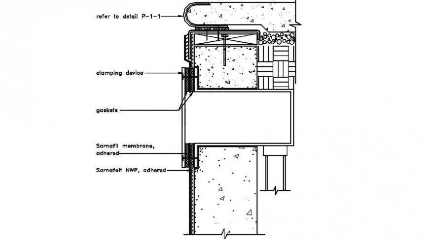 Swimming pool wall membrane placement and plumbing structure details dwg file