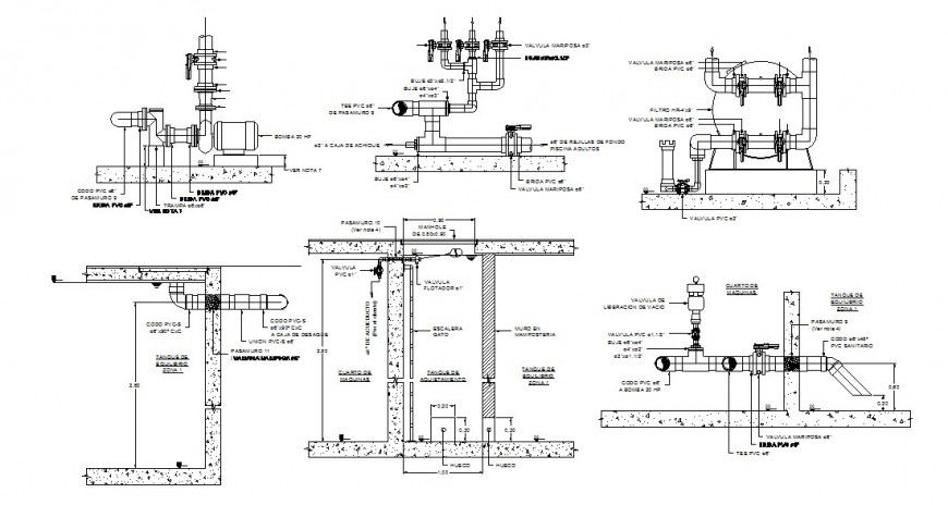 Swimming pool water system section, installation and plumbing details dwg file
