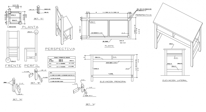 Table and Chair DWG File Showing Plan, Elevation, and Joint Details
