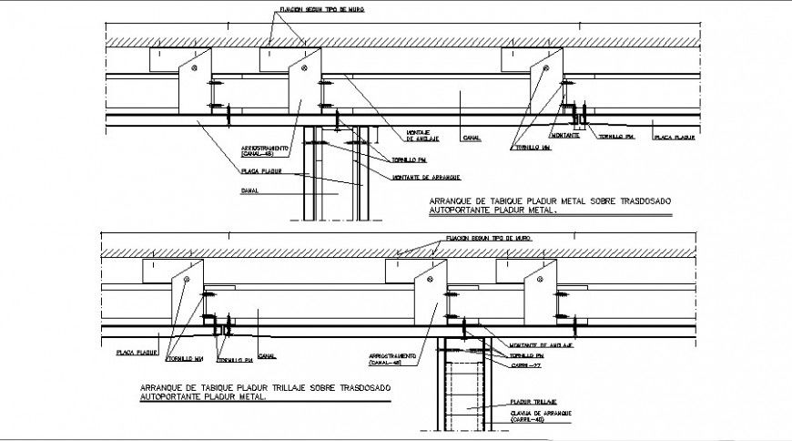 Table for metal roof structure with wall block cad construction details dwg file