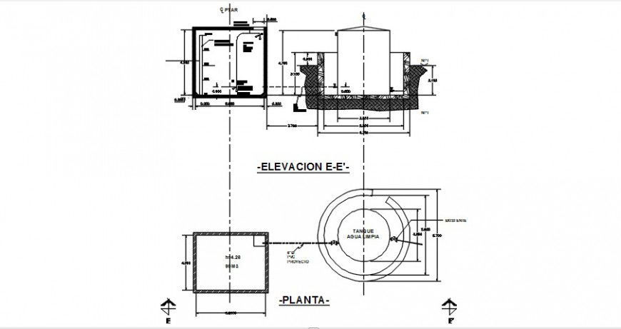 Tank elevation, section, plan and plumbing details dwg file