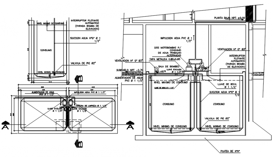 Tank of water sections and plumbing construction details dwg file