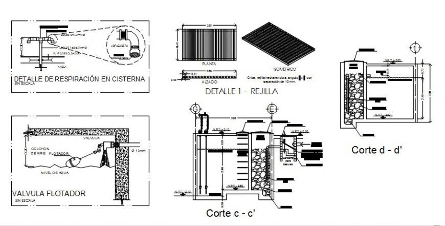 Tank section, valve and pipe and plumbing structure details dwg file
