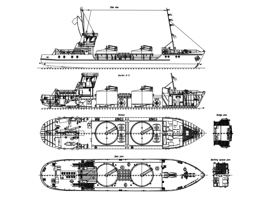 Tanker ship front, top and side view elevation cad block design dwg file
