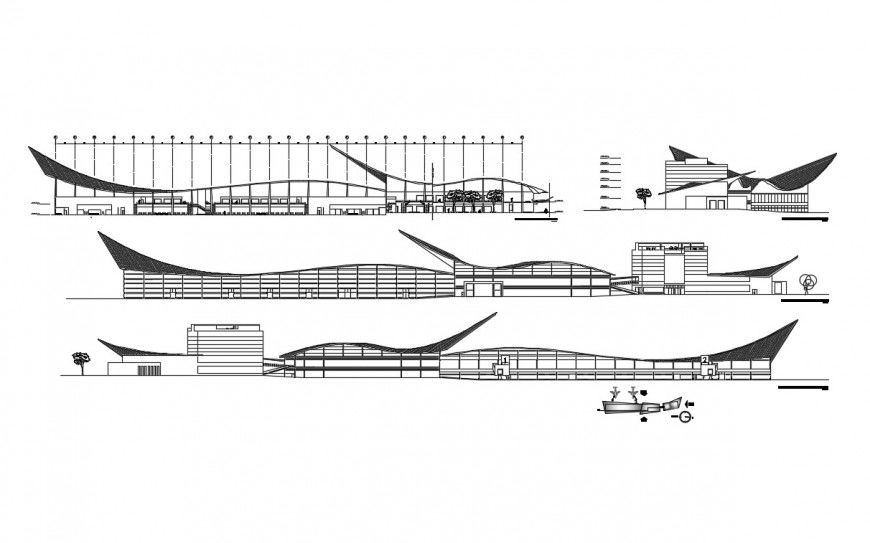 Tara airport building all sided elevation and section details dwg file