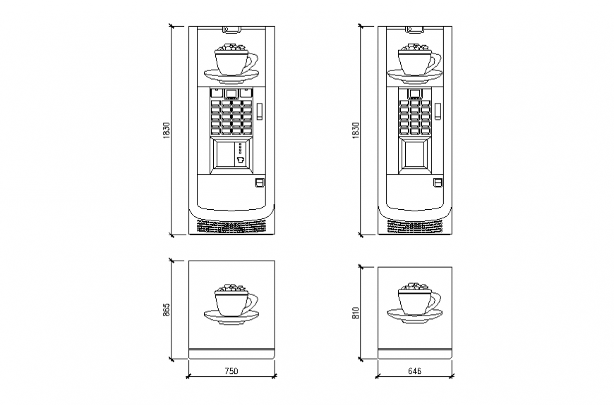 Tea-coffee vending machine all sided elevation cad block details dwg file