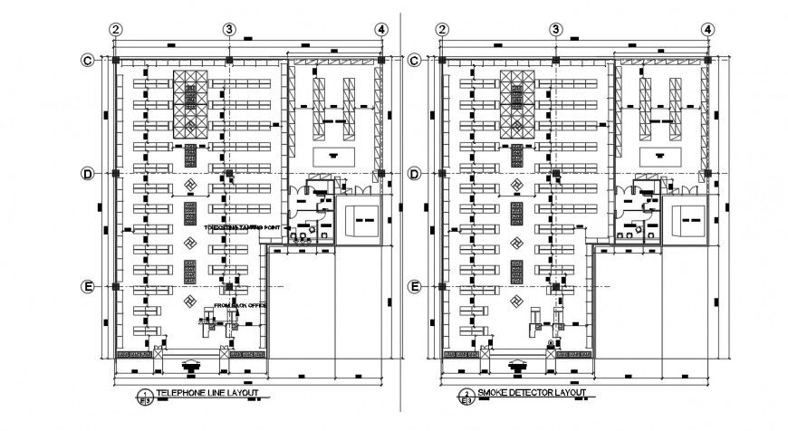 Telephone line layout plan with smoke detector details in autocad file