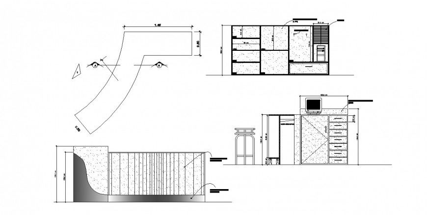 Television cabinet elevation, section and carpentry details dwg file