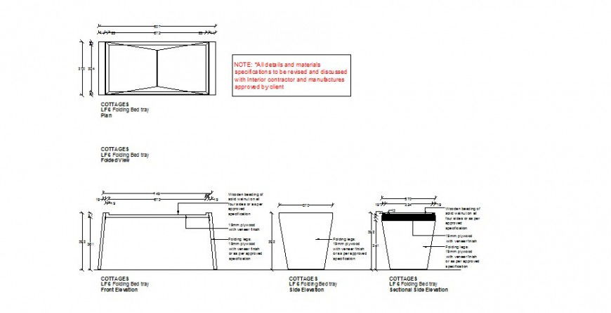 Television table and bed tray elevation and section cad drawing details dwg file
