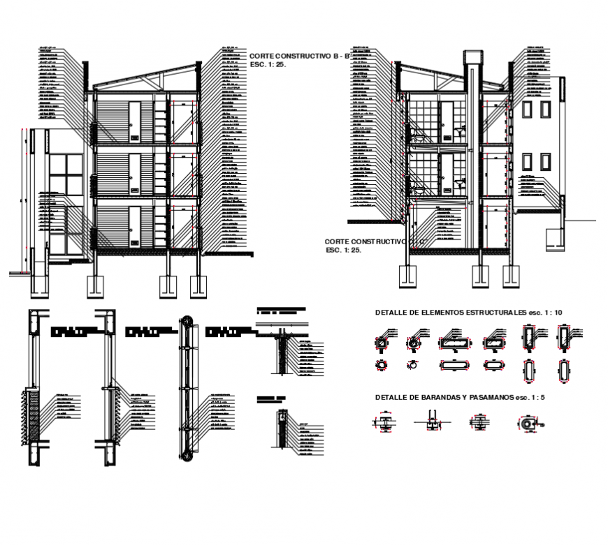 Template section details facade of multi story apartment building dwg file
