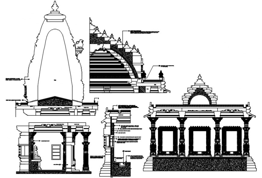 Temple all sided elevation, section and constructive section details dwg file