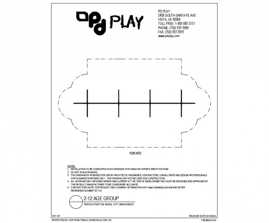 Ten fit tripod six position swings play equipment for garden dwg file