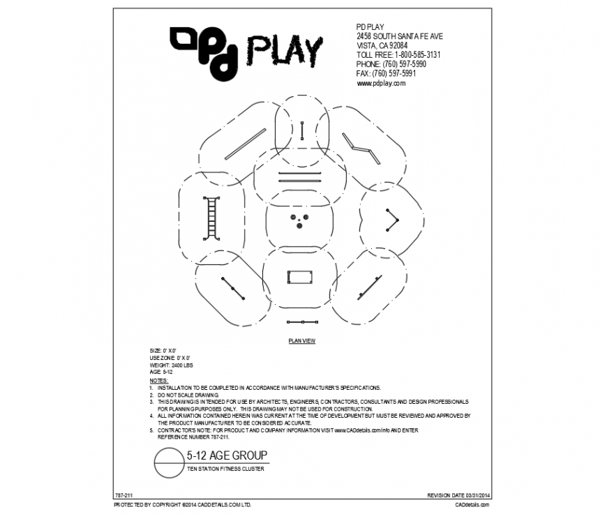 Ten station fitness cluster play equipment cad drawing details dwg file