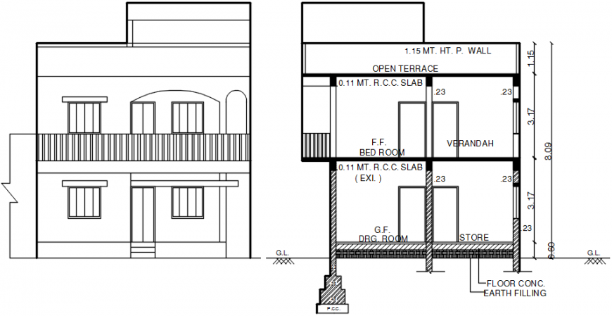 Tenement house main elevation and section drawing details dwg file
