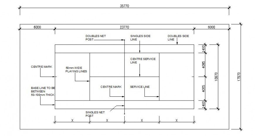 Tennis court ground plan detail 2d drawing in autocad software