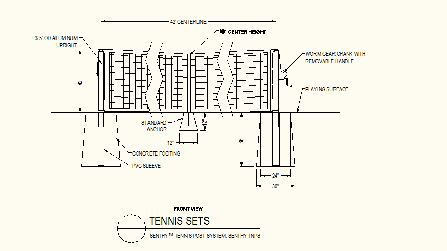 Tennis sets net detail plan and elevation autocad file