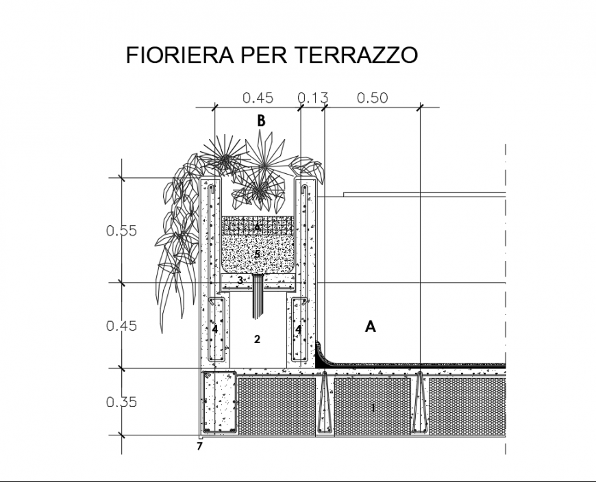 Terrace planter front view cad drawing details dwg file