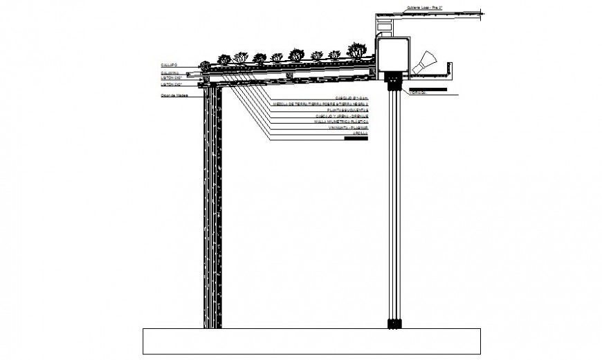 Terrace planting and wall section drawing in autocad