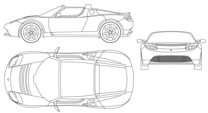 Tesla roadster car all sided elevation cad drawing details dwg file