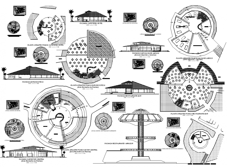 Thatch roof and tree house restaurant detail drawing in dwg file.