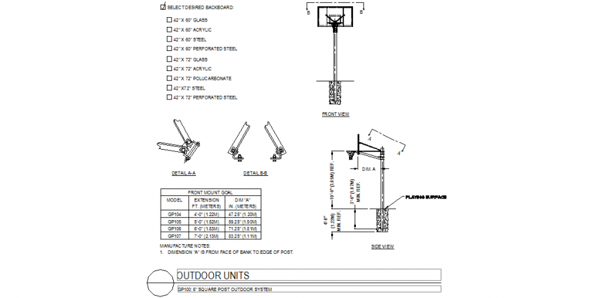 The backboard of basketball design with square post outdoor system design dwg file