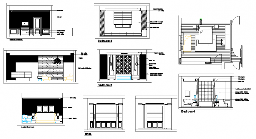 The bed room plan with furnishing detailing of dwg file.