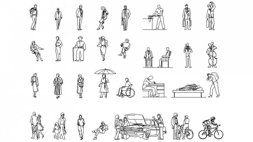 The different block of people in different working, seating and standing position dwg file