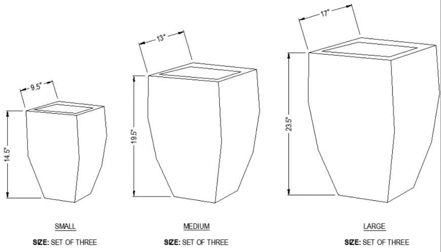 The dimensional rectangular designed pot plan with detailed dwg file.