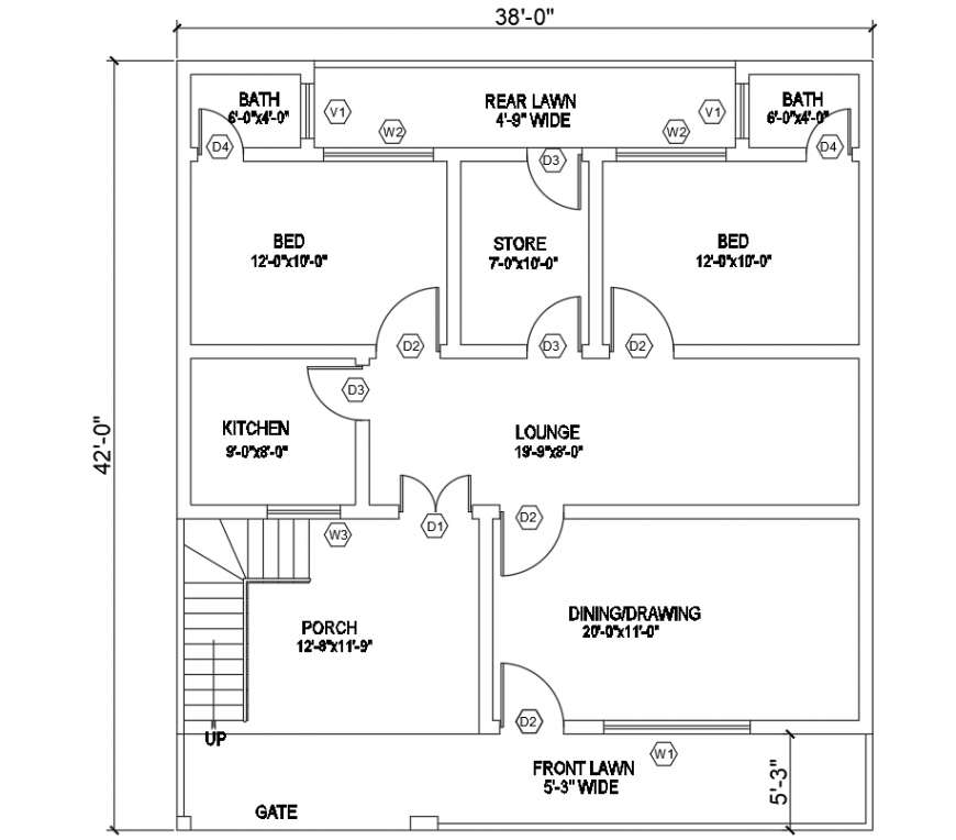 The first floor layout plan of the bungalow in dwg AutoCAD file.