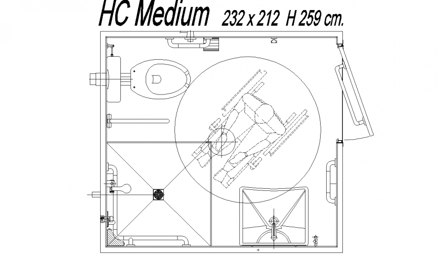 The plan with top view detailing bath room dwg file.