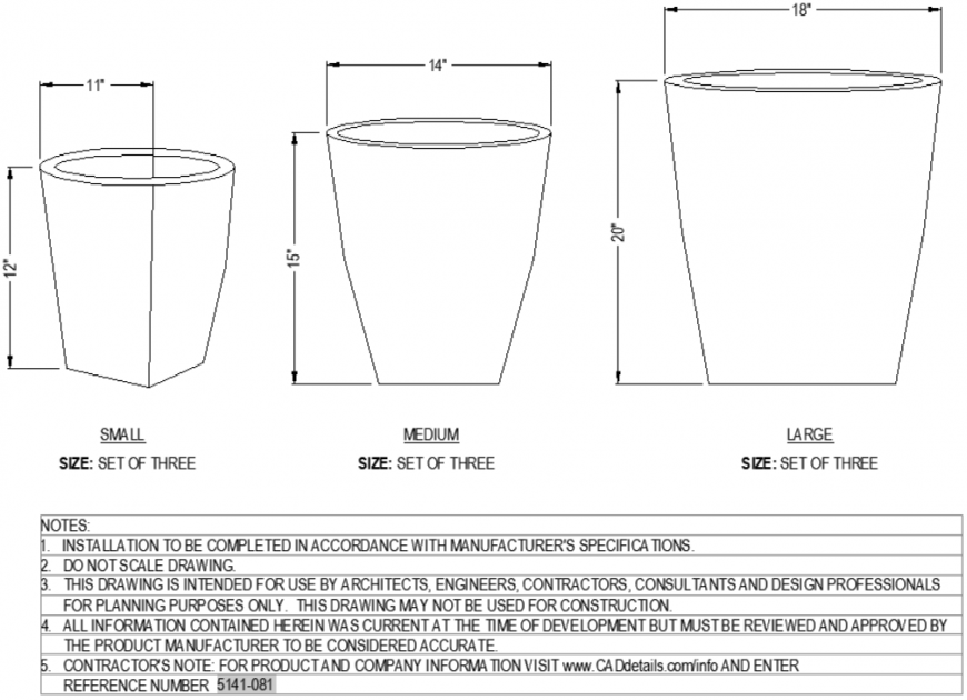 The pot plan with different sizes detail dwg file.